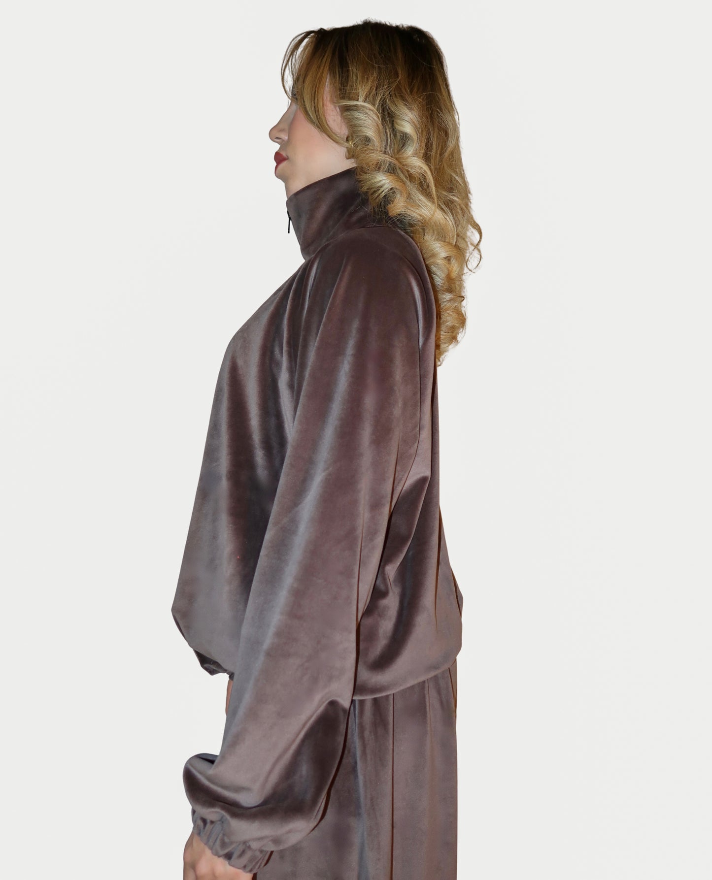 VELOUR ZIPPER in Olive Brown