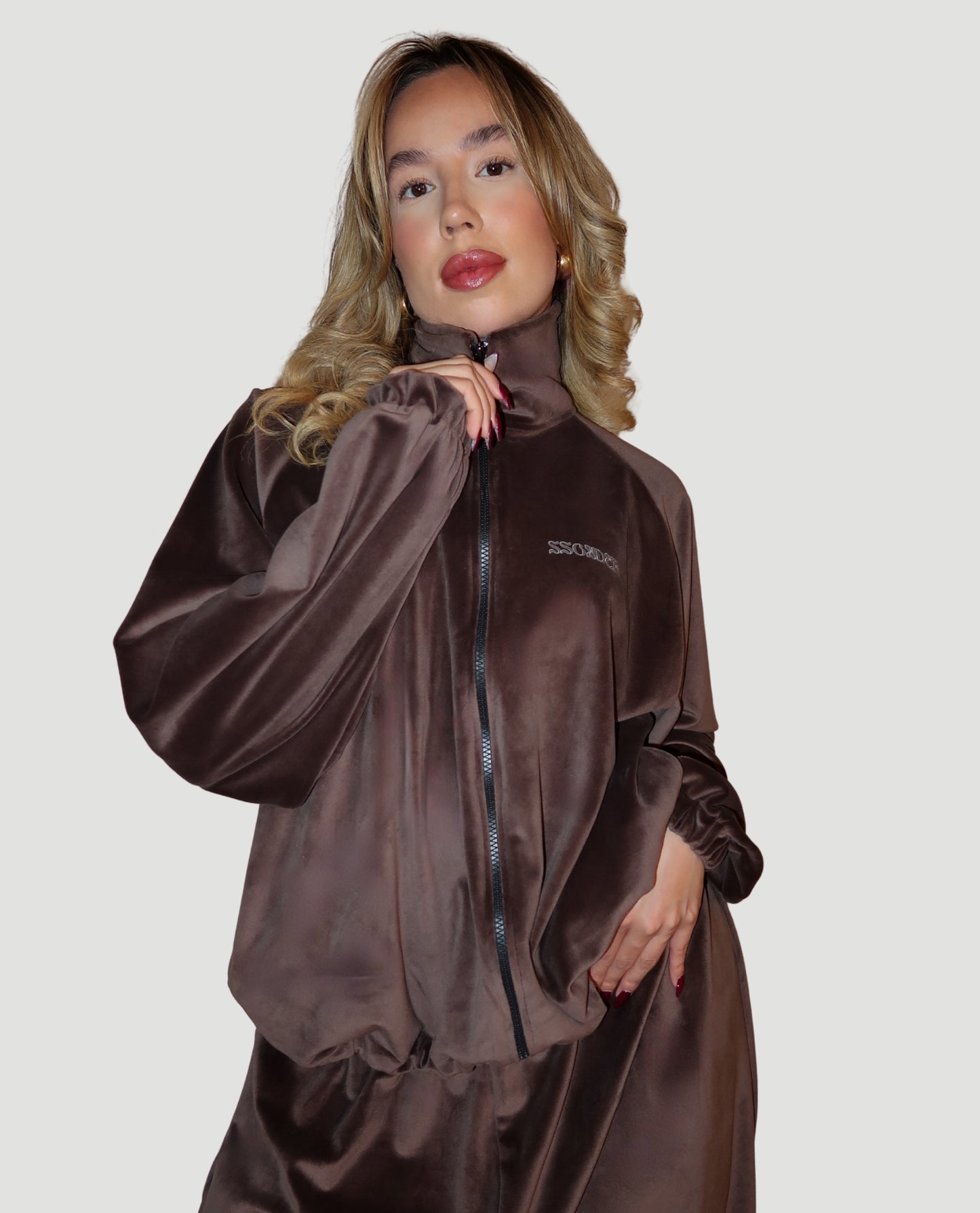 VELOUR ZIPPER in Olive Brown